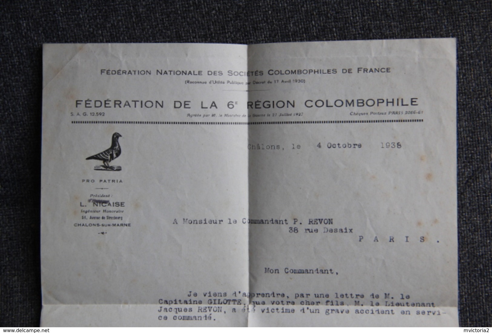 Lettre De CHALONS - Fédération De La  6 ème Région COLOMBOPHILE Dans Son Enveloppe Publicitaire. - Sports & Tourism