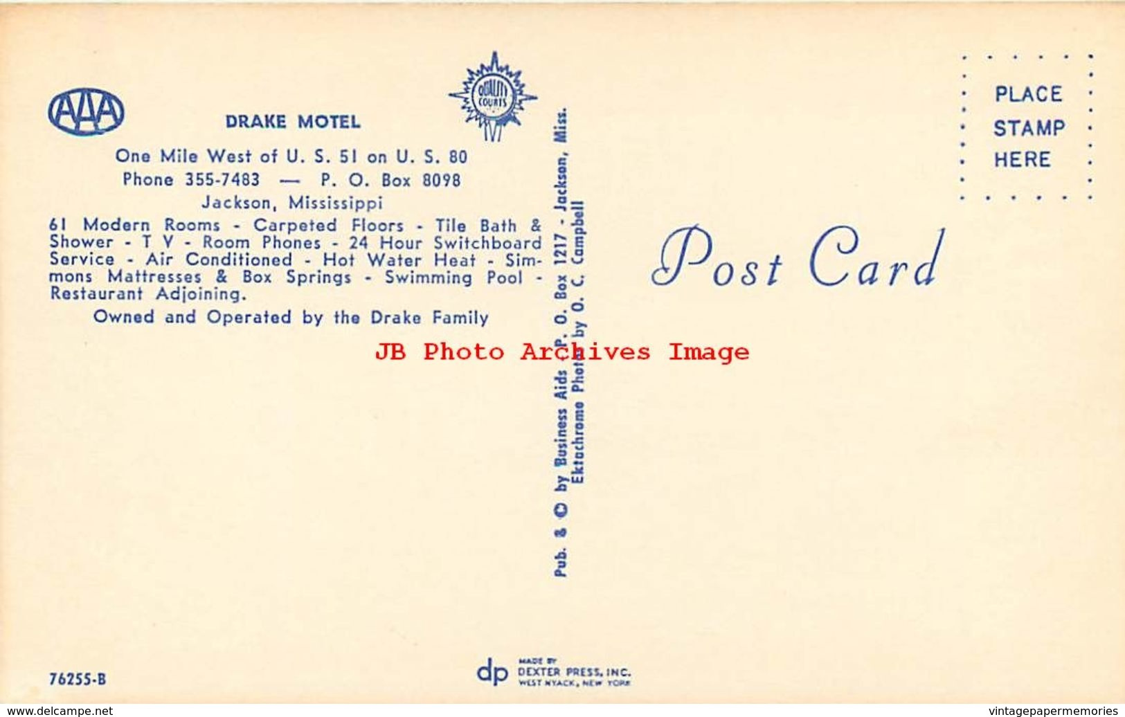 278381-Mississippi, Jackson, Drake Motel, 60s Cars, O.C. Campbell By Dexter Press No 76255-B - Jackson