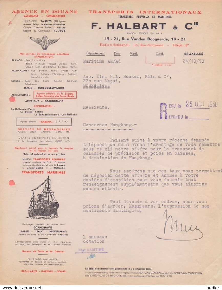 1950: Lettre De ## F. HALBART & Cie, Rue Vanden Boogaerde, 19-21, BR. ## Aux ## Anc. Ets. H.L. BECKER Fils & C°, Rue ... - Transport