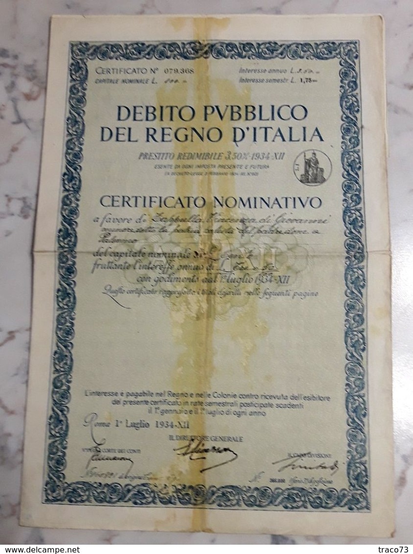 DEBITO PUBBLICO DEL REGNO D'ITALIA /  Certificato Nominativo - Lire Cento _  1934 - Altri & Non Classificati