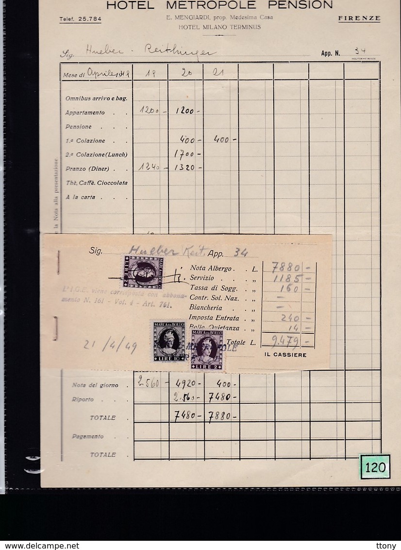 Une Facture   : Hotel  Métropole Pension  Avec Timbres    Année 1949 - Italia