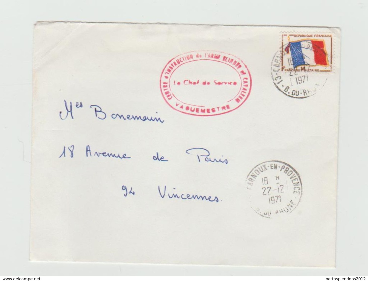 LSC 1971 - Cachet Centre D'instruction De L'arme Blindée Et Cavalerie Sur Timbre FM - Carnoux En Provence - Cachets Militaires A Partir De 1900 (hors Guerres)