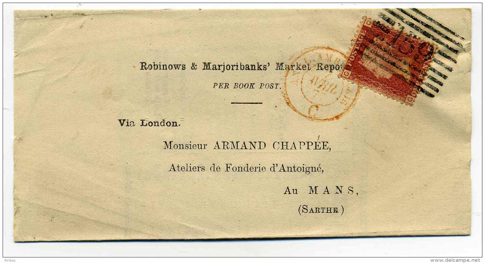 ONE PENNY Sur Lettre De GLASGOW Pour LE MANS / Cachet D'entrée En France : ANGLETERRE AMBULANT Par CALAIS / 1877 - 1877-1920: Période Semi Moderne