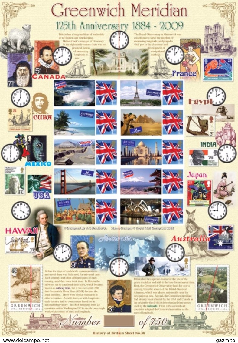 Great Britain 2009, Greenwich Meridian, Clocks, Che Guevara, Egiptology, Elephant, Cap. Cook, Bridge, Polar Explorators, - Personalisierte Briefmarken