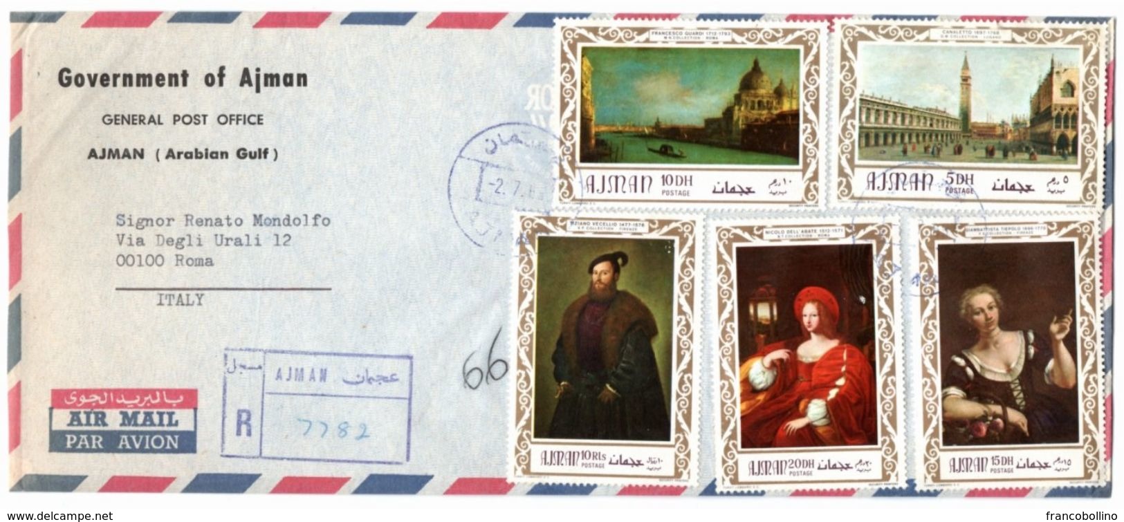 U.A.E.-AJMAN - REGISTERED AIR MAIL COVER 1969 TO ITALY / THEMATIC STAMPS-PAINTINGS - Ajman