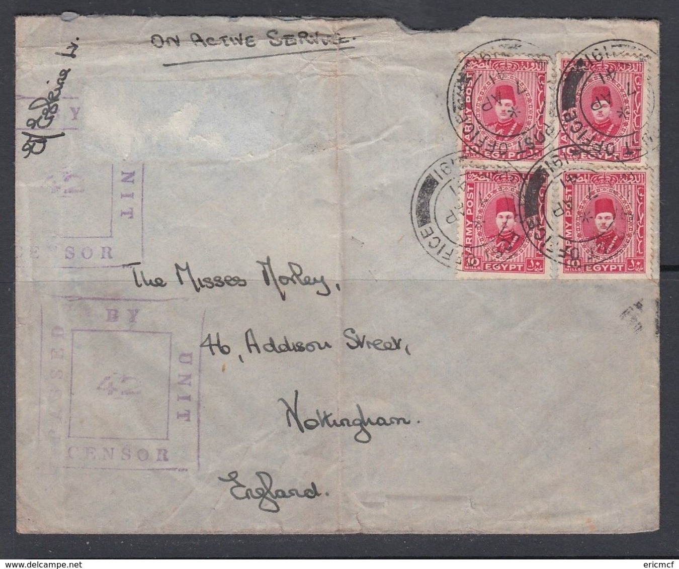 Egypt FPO191 On 1941 Censored Cover Field Post Office Army Post Stamps - Covers & Documents