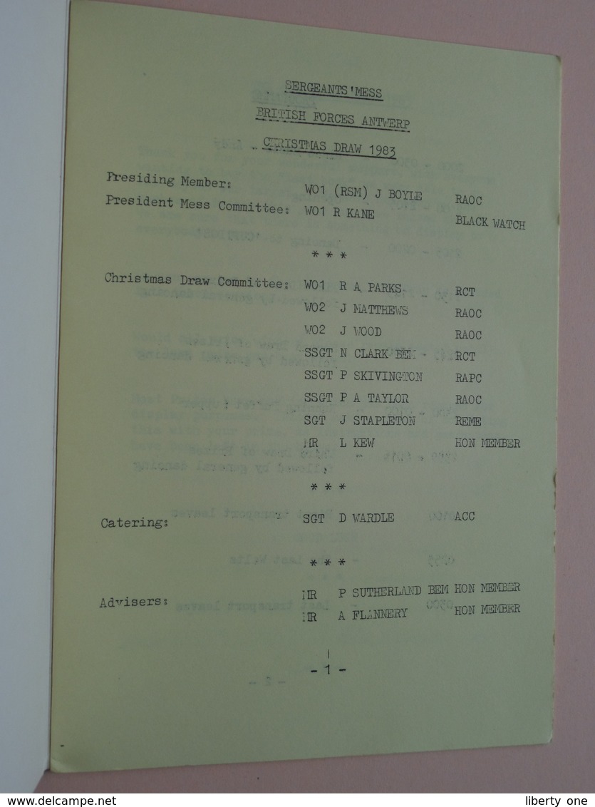 SERGEANTS Mess CHRISTMAS DRAW 1983 ( British Forces Antwerp - 12 Pages ) ! - Menus