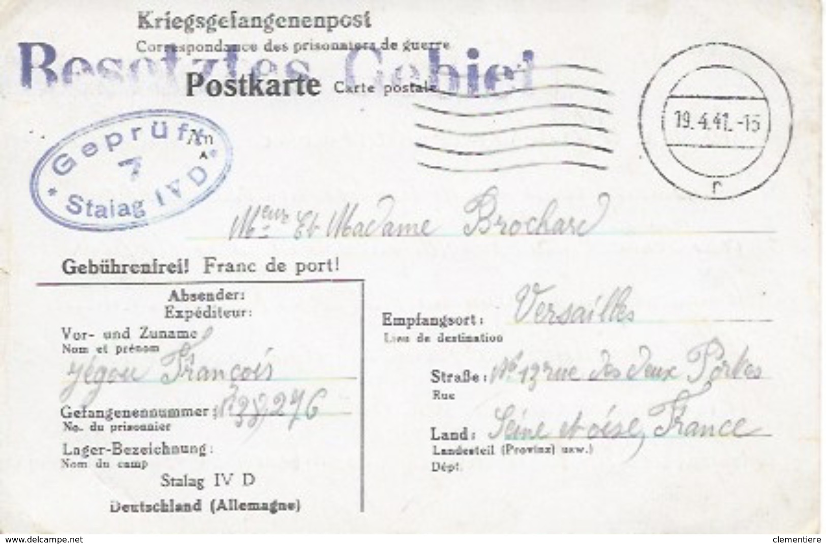 Carte En Franchises'un Prisonnier De Guerre Du Stalag IV D Pour Versailles Avec Cachet Zone Occupée ( Besetzes Gebiet) - Lettres & Documents