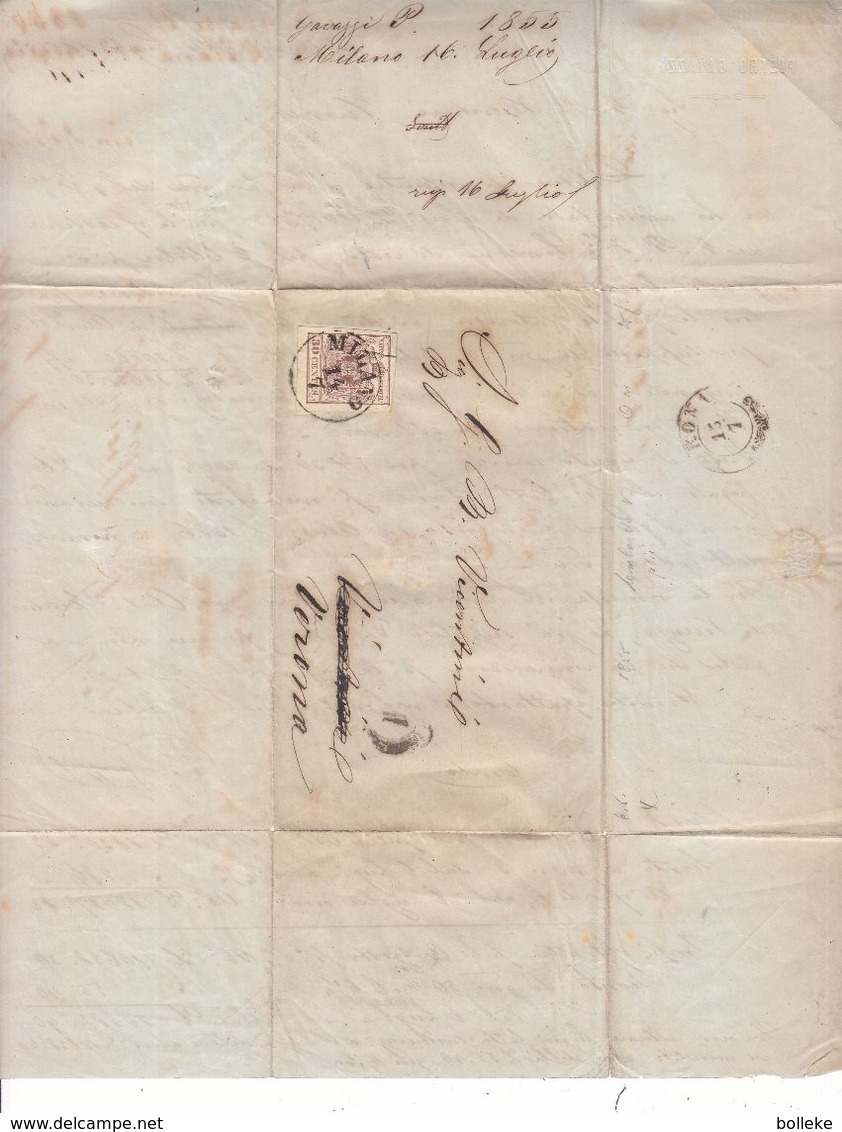 Italie - Lombardo Vénétie - Lettre De 1855 - Oblit Milano - Exp Vers Verona - Timbre Pli Accordeon  ? - Lombardy-Venetia