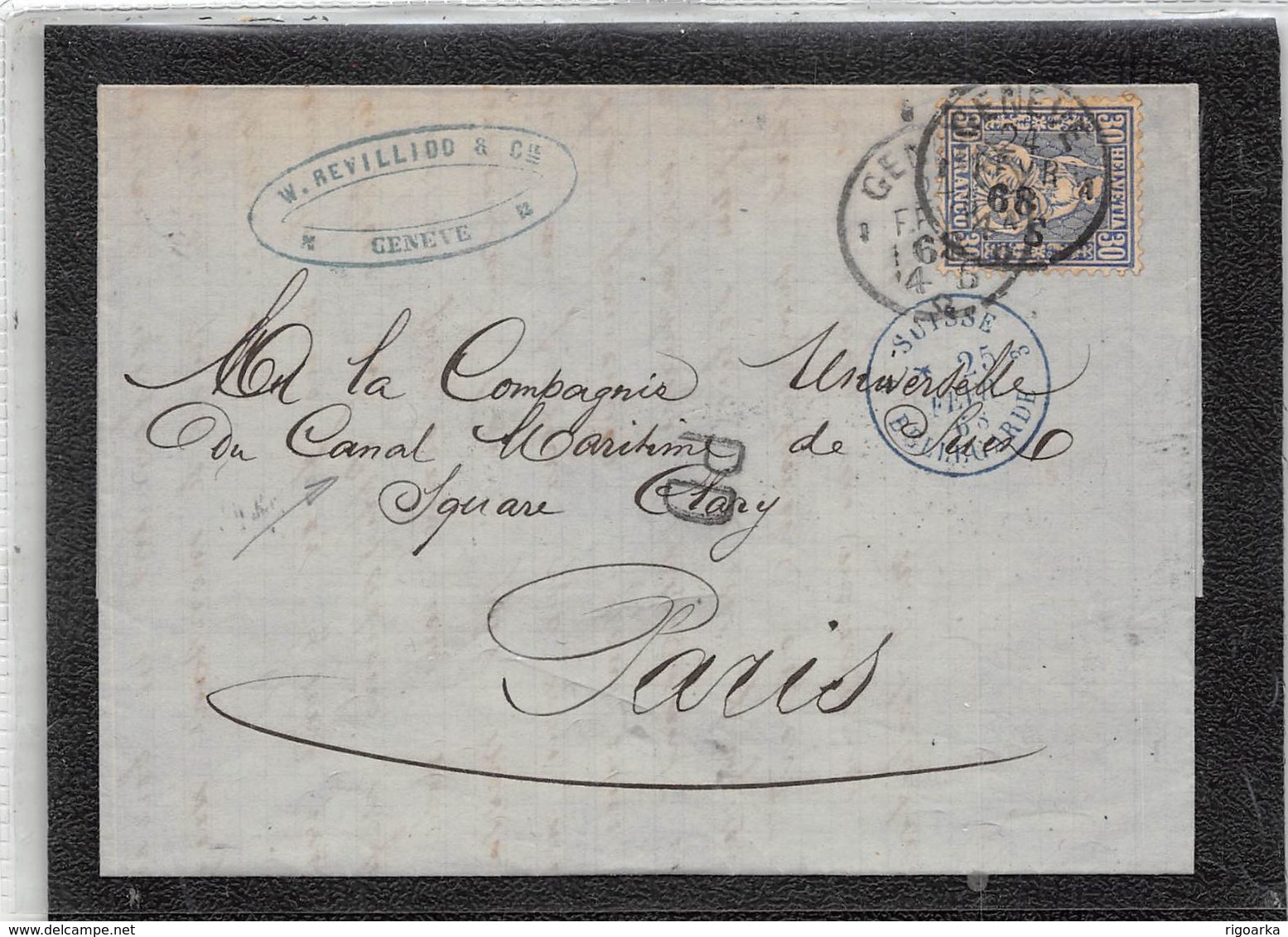 LETTRE 30C YV Nº 46 DE GENEVE A PARIS EN 1868 A LA COMPAGNIE UNIVERSELLE DU CANAL DE SUEZ - Lettres & Documents