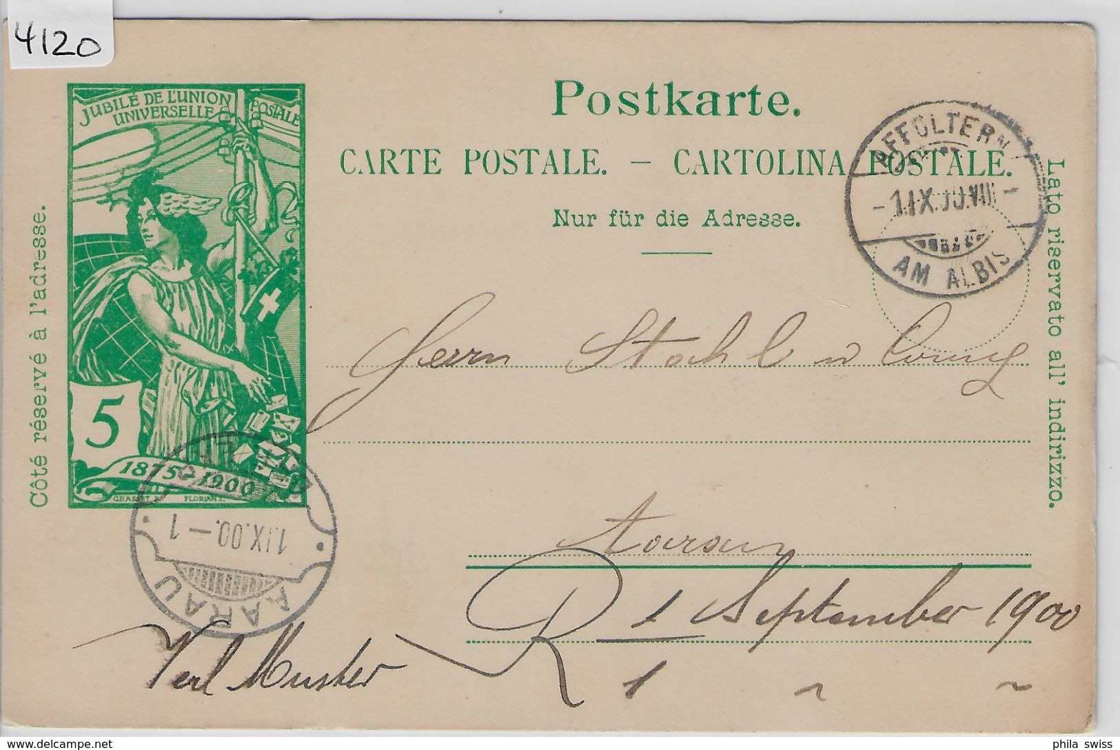 1900 UPU PK 31 - Stempel: Affoltern Am Albis To Aarau 1.IX.00 - Entiers Postaux