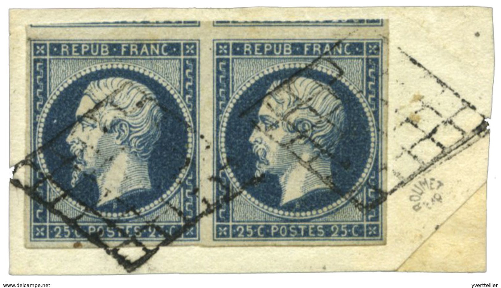 35 N°10 Obl. TB 25 C. Bleu Sur Fragment. Paire Horizontale, Oblitération Losange. - Andere & Zonder Classificatie