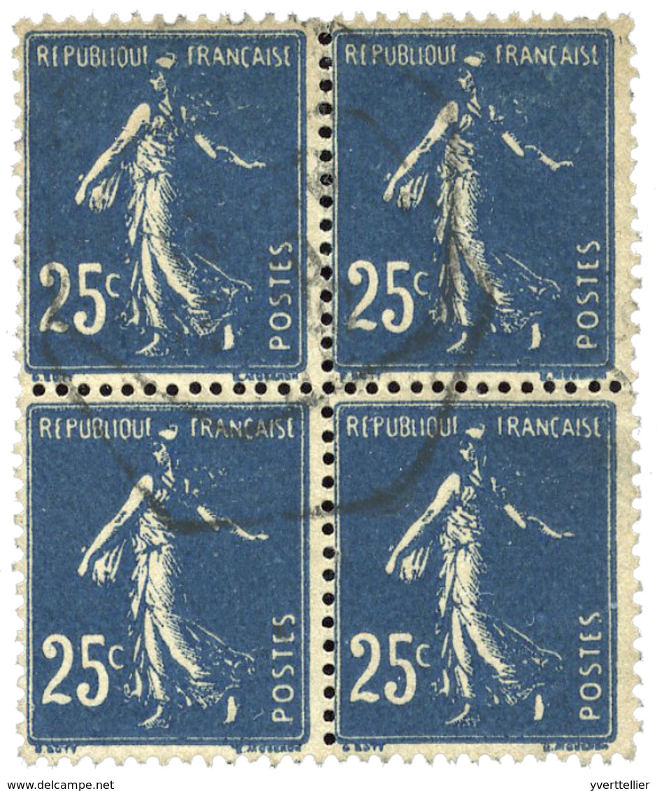 331 N°140 Obl. 25 C. En Bloc De 4. Variété Du Bleu-noir Très Sombre, Impression Défectueuse. - Sonstige & Ohne Zuordnung