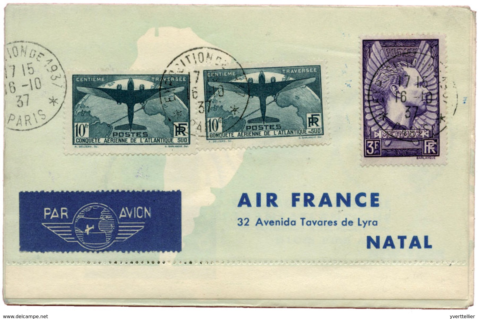 391 N°321 Obl.  X 2 Sur Carte Lettre Air France "Par Avion Autour Du Monde" + Timbres Brésil, Etats-Unis - Autres & Non Classés