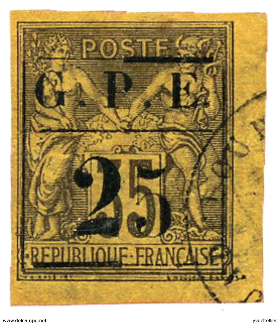 840 Guadeloupe N°2a Obl. 25 Sur 35 C. Violet-noir S. Jaune. 25 Avec Gros 2 - Autres & Non Classés