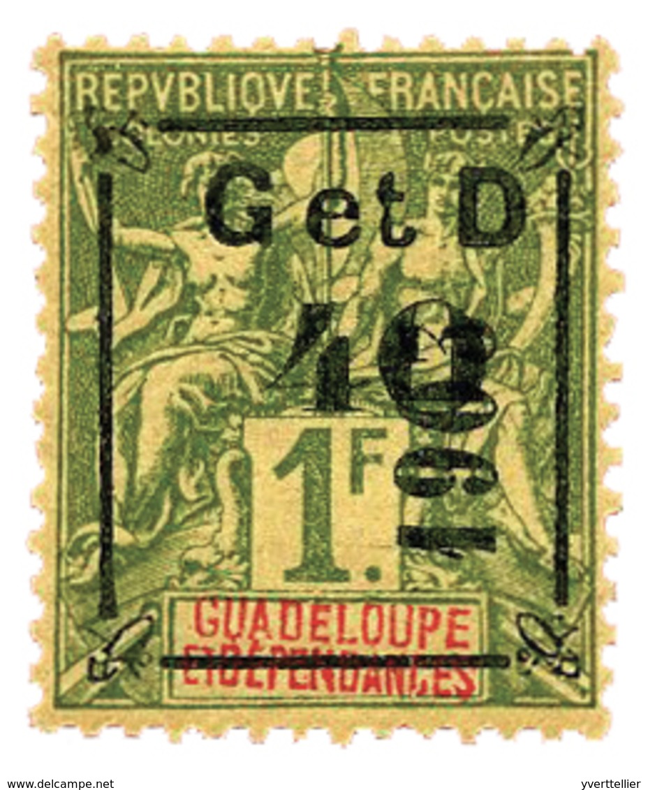 843 Guadeloupe N°54*  40 C. S. 1 F. Olive. Surcharge Noire. Infime Charnière, Signé Miro. - Autres & Non Classés