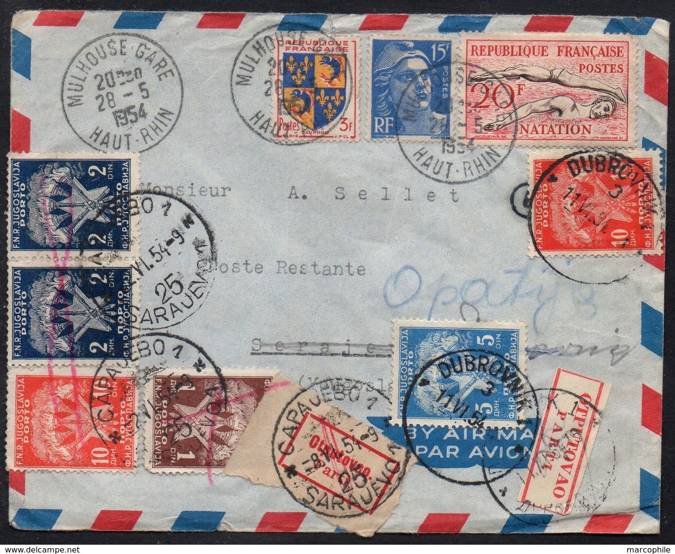 YOUGOSLAVIE - SARAJEVO - DUBROVNIK / 1954 LETTRE AVION DE FRANCE EN POSTE RESTANTE TAXEE - DETAXEE - RETAXEE (ref 7530) - Lettres & Documents