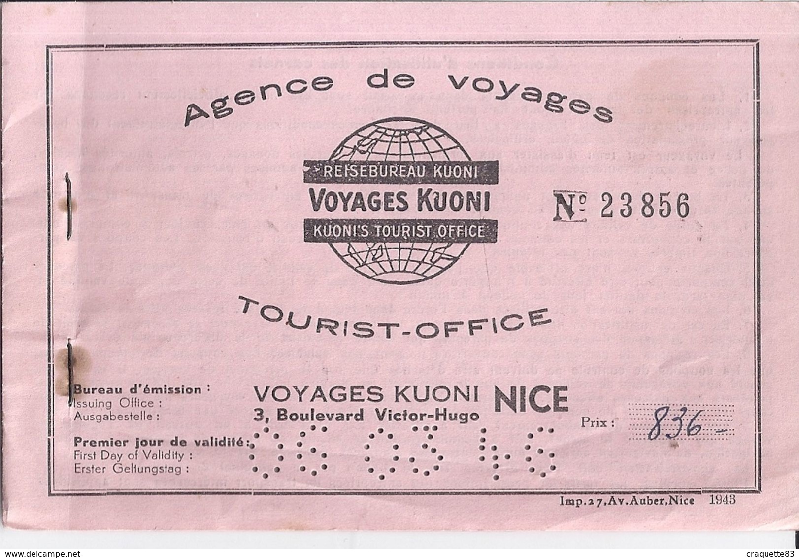 AGENCE DE VOYAGES -   VOYAGES KUONI N° 23856 -NICE - Europa