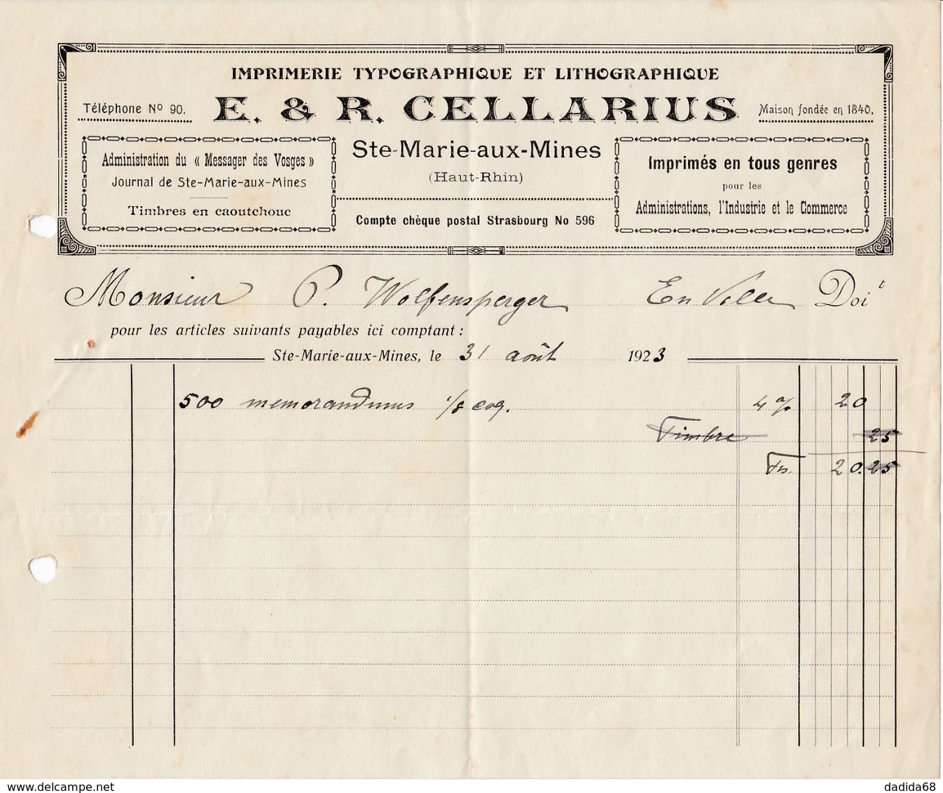 SAINTE-MARIE-AUX-MINES (MARKIRCH) - E. & R.CELLARIUS- IMPRIMERIE (1923) - 1900 – 1949