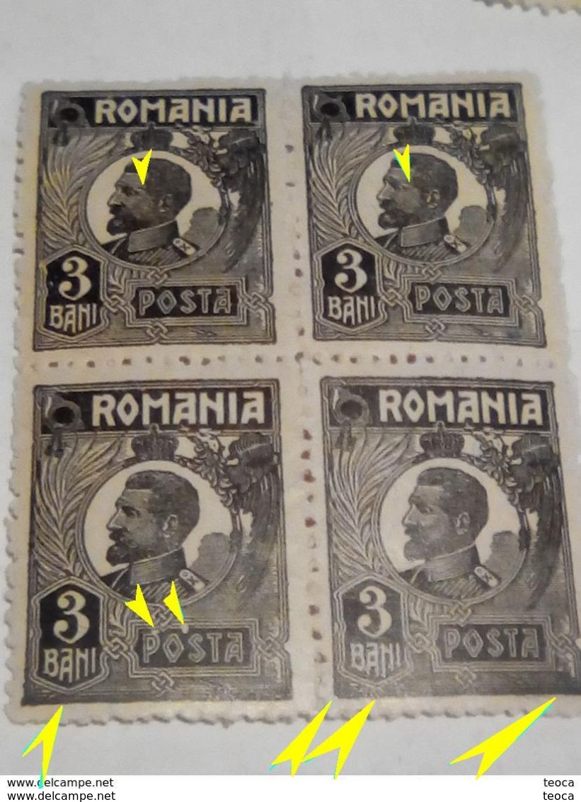 Errors Romania 1922 King Ferdinand 3 Bani Black, Bf X4, With 2 Circle White  , With Gumm Unused - Variétés Et Curiosités