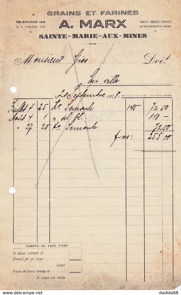 SAINTE-MARIE-AUX-MINES (MARKIRCH) - A. MARX - GRAINS ET FARINES (1928) - 1900 – 1949