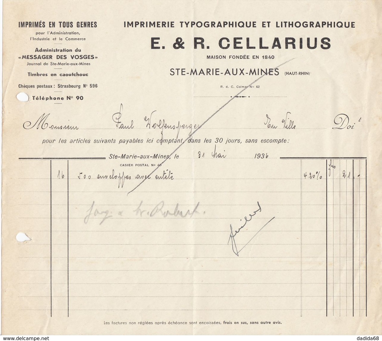 SAINTE-MARIE-AUX-MINES (MARKIRCH) - E. & R. CELLARIUS - IMPRIMERIE (1936) - 1900 – 1949