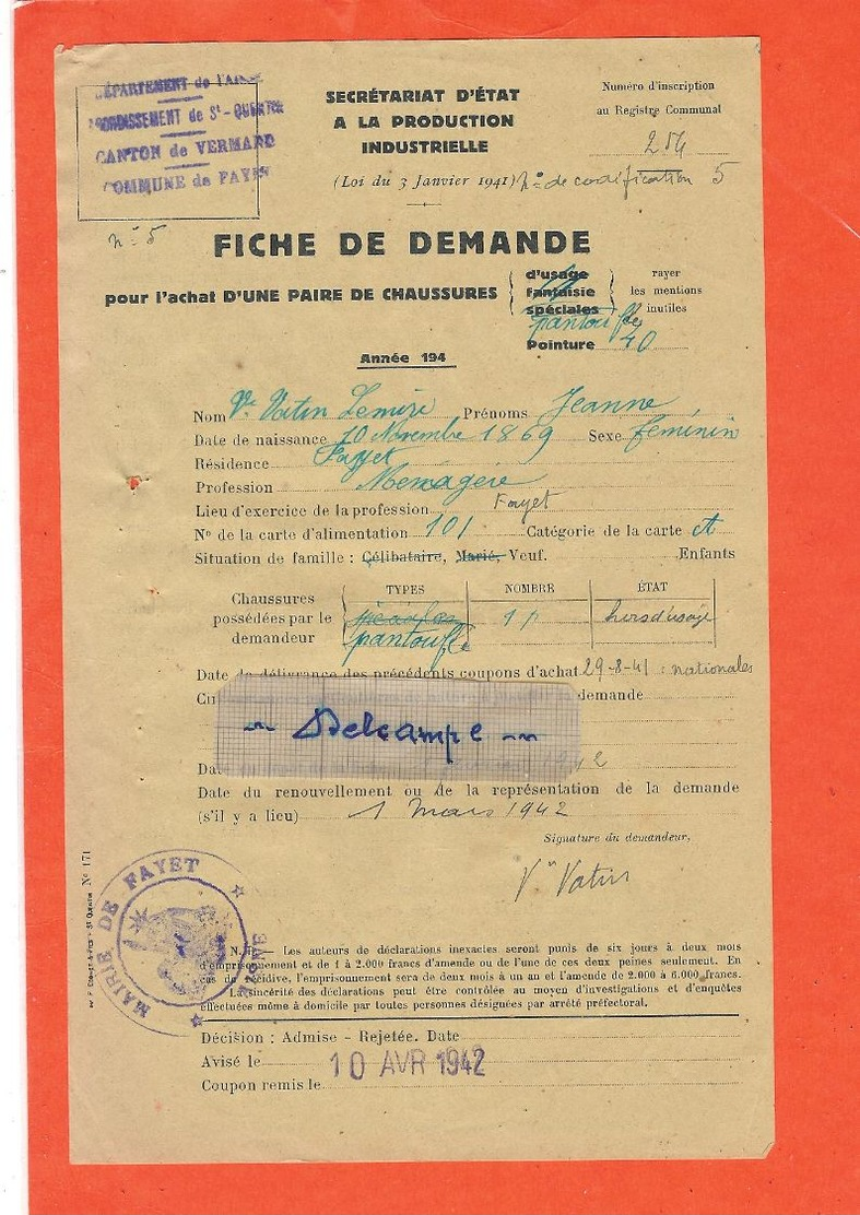 FAYET (Aisne)- Fiche Jaune De Demande Pour L'achat D'une Paire De Chaussures-rationnement- - Documents Historiques