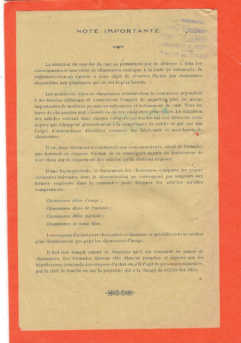 FAYET (Aisne)- Fiche Jaune De Demande Pour L'achat D'une Paire De Chaussures-rationnement- - Historical Documents