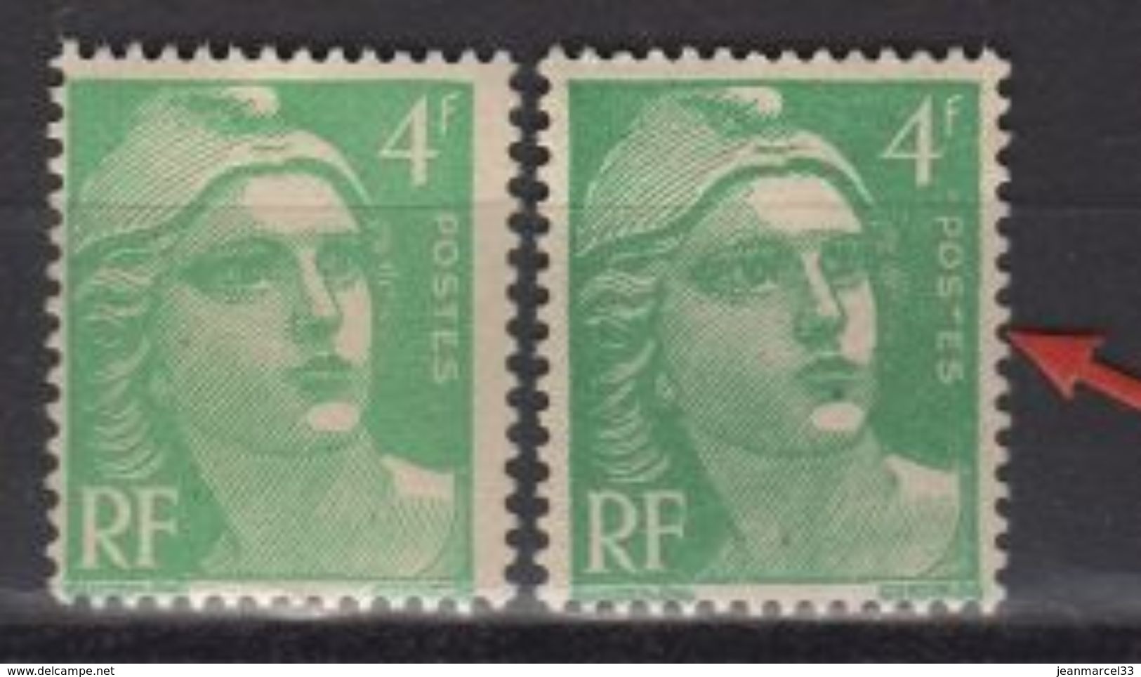 Variété Sur Gandon 4f Bleu Vert, T De Postes Partiellement Obstrué Donnant - Au Lieu De T - Used Stamps