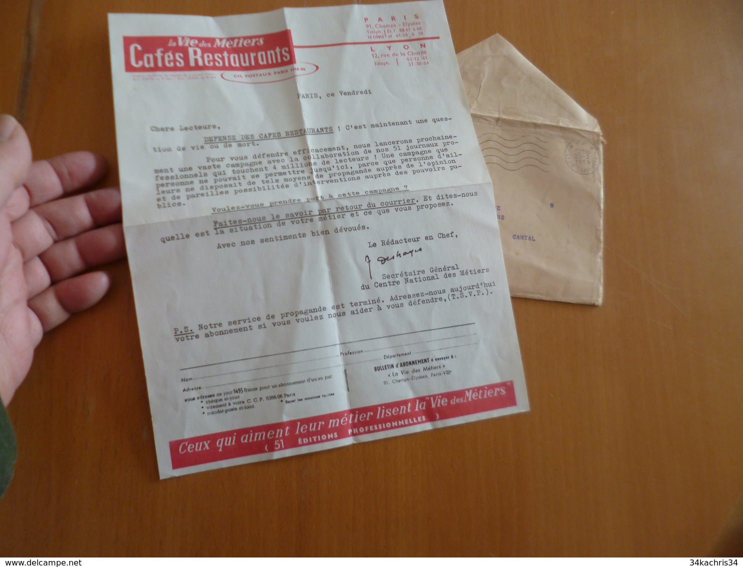 Lettre + Document Publicitaire La Vie Des Métiers Café Restaurants Lyon  En PP 1959 - Food