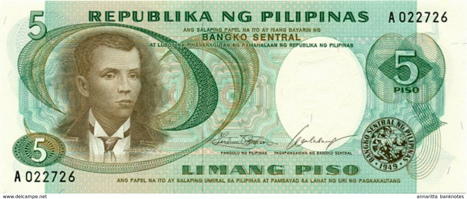 PHILIPPINES 5 PESOS ND (1969) P-143a UNC  SIGN. MARCOS & CALALANG [PH1002a] - Filippijnen