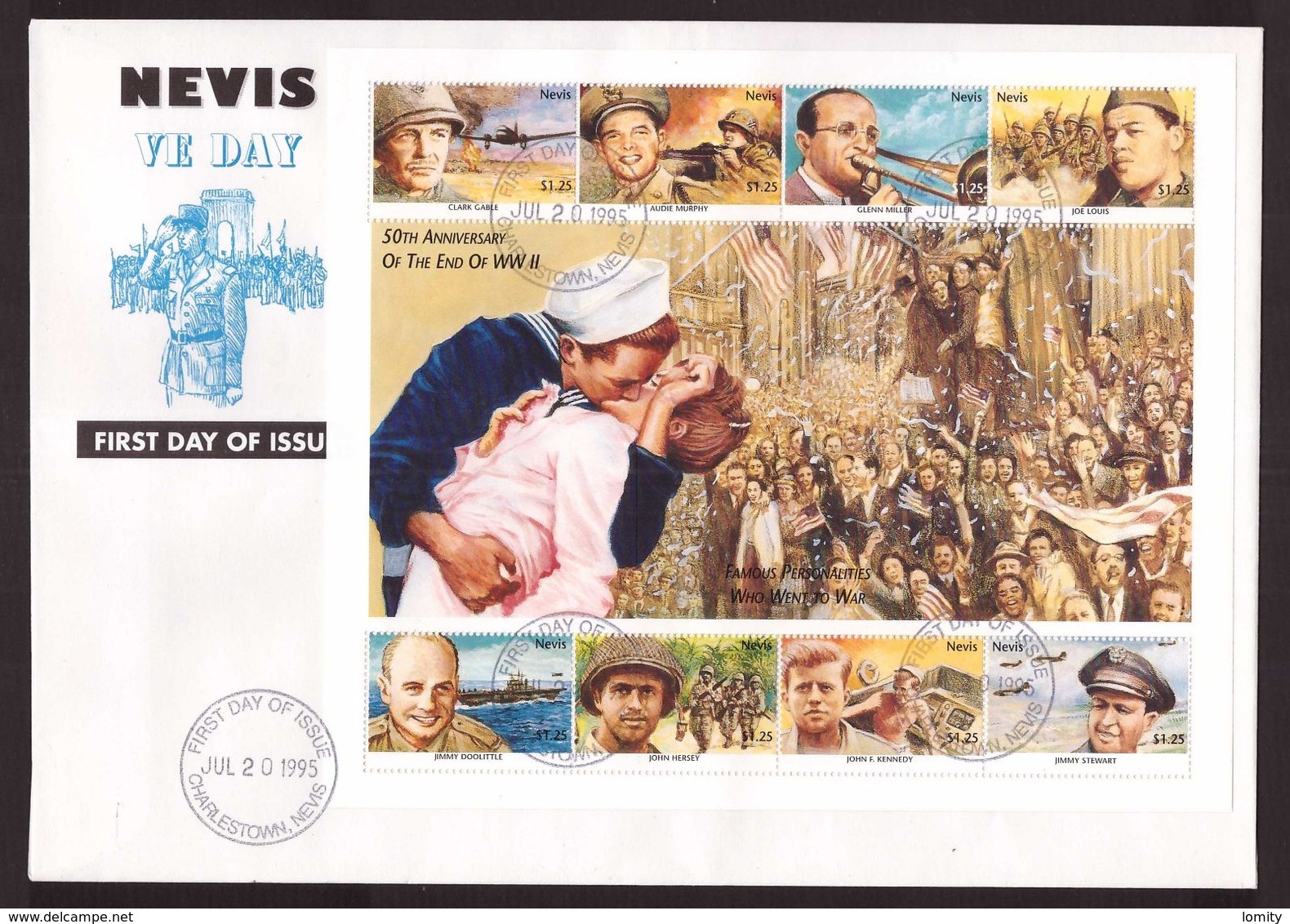 Nevis Feuillet Bloc Sur FDC Charlestown 50 Anniversary End WWII 1945 1995 Anniversaire Fin Guerre Famous Personalities - Guerre Mondiale (Seconde)