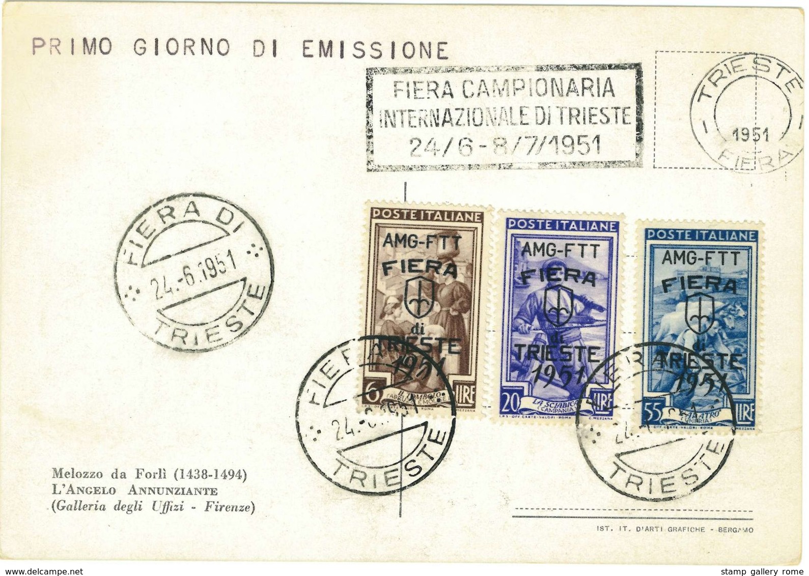 TRIESTE A - FIERA DI TRIESTE SU CARTOLINA  MELOZZO DA FORLI'  - FDC - ANNO 1951 - Marcophilia