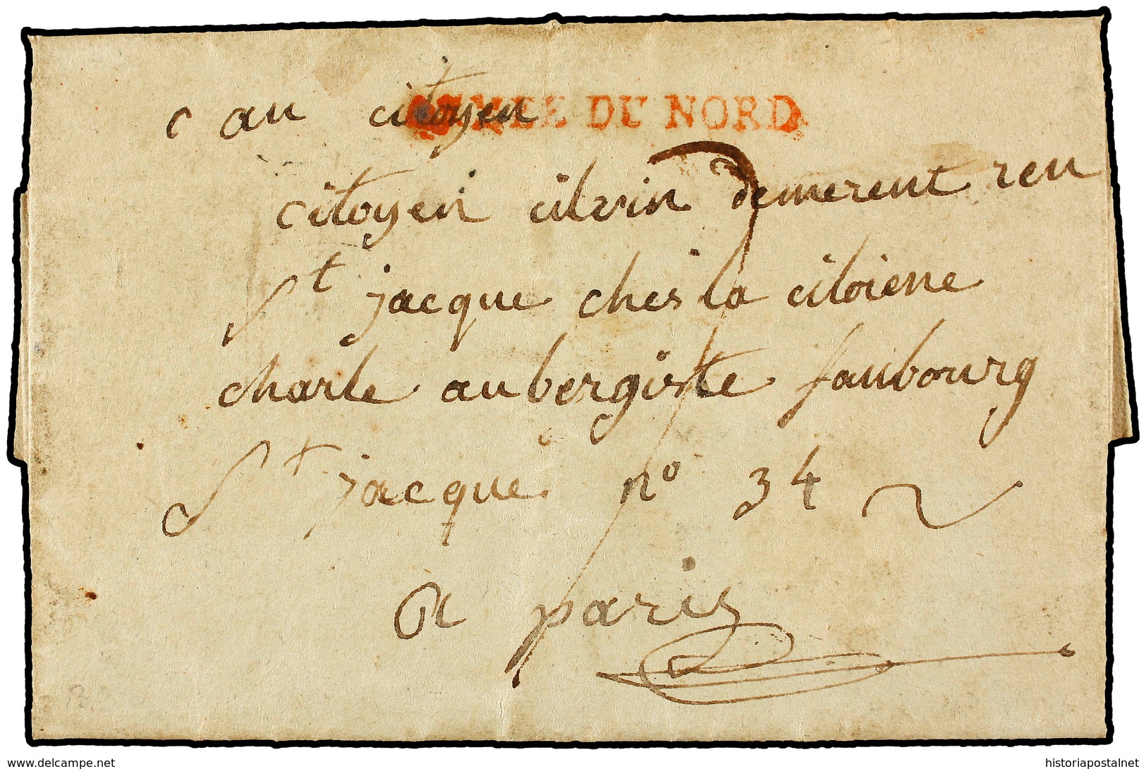 1794. CARTA COMPLETA SIN ORIGEN A PARIS. FRANCIA. FRANCE. MARCA "ARMÉE DU NORD" EN ROJO. - Marques D'armée (avant 1900)