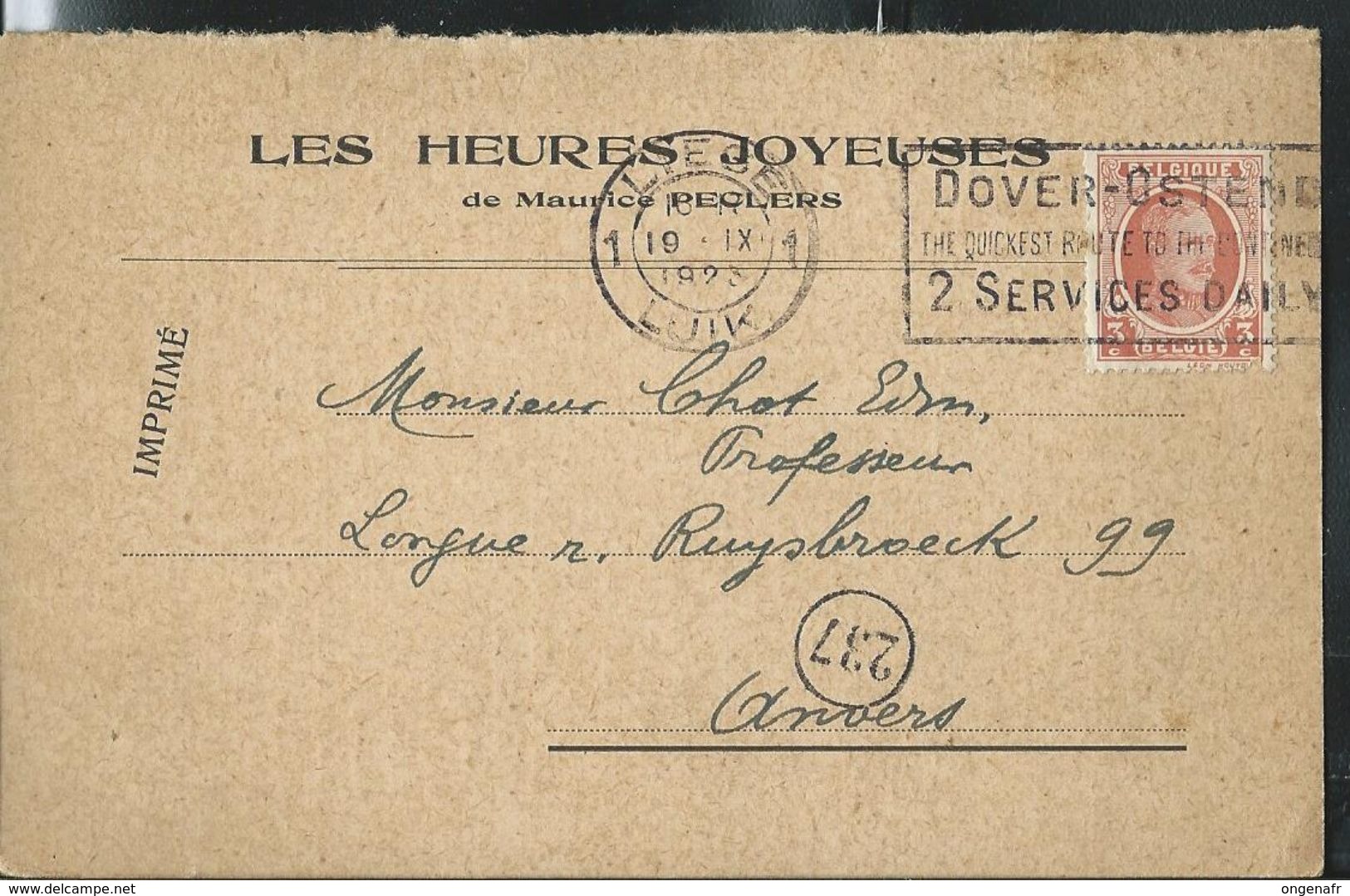 Carte  Pour Un Livre Affranchi Du N° 192 (3 C . Brun)  Obl. Liège 19/09/1923 + Fl. Dover-Ostende - 1922-1927 Houyoux
