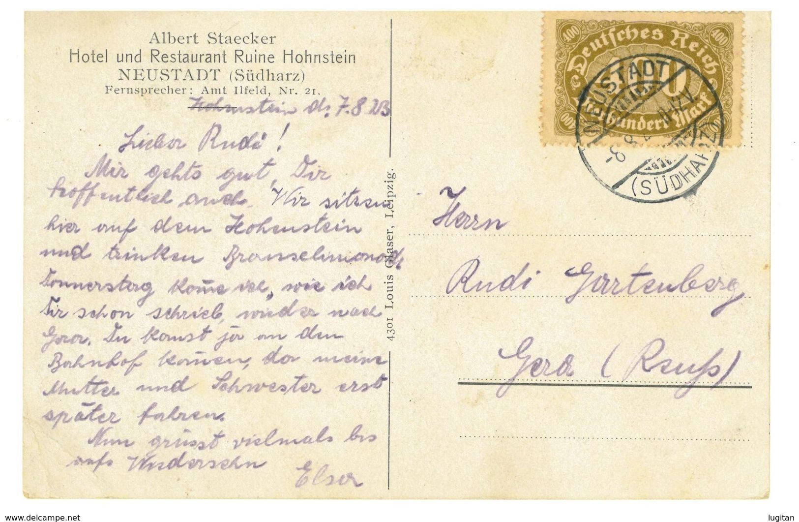 CARTOLINA - GERMANIA RUINE HOHNSTEIN - SASSONIA - ANNO 1923 - ALBERT STAECKER - HOTEL RISTORANTE - Hohenstein-Ernstthal