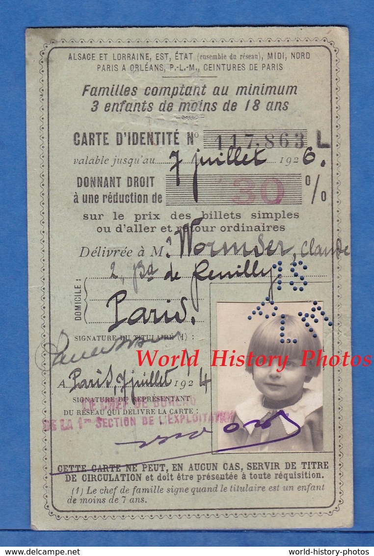 Carte D'identité Chemin De Fer Alsace Lorraine EST Midi Nord PLM ... - 1924 - Claude Wormser Paris Train - Sonstige & Ohne Zuordnung