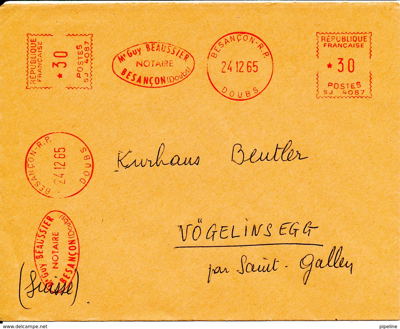 France Cover With Meter Cancel Besancon 24-12-1965 (M Guy Beaussier NOTAIRE) - Covers & Documents