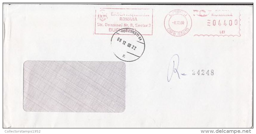 6249FM- AMOUNT 4400, BUCHAREST, NATIONAL BANK, RED MACHINE STAMPS ON REGISTERED COVER, 2000, ROMANIA - Covers & Documents