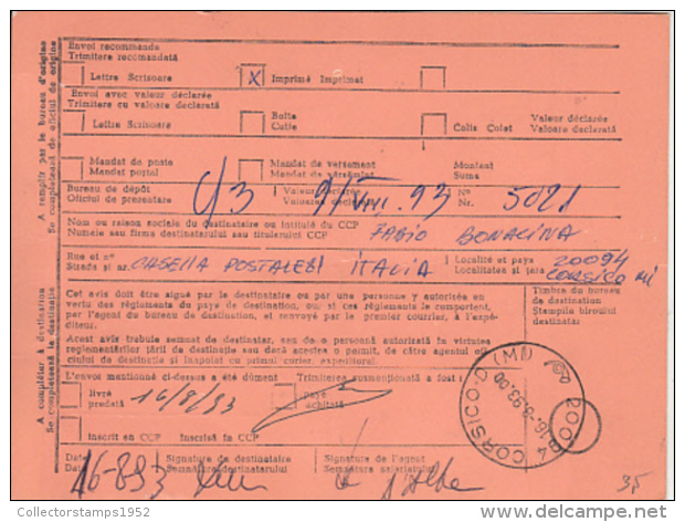 70158- HIP ROSE, BEETLE, MOOSE, ROSY STARLING BIRD, STAMPS ON CONFIRMATION OF RECEIPT FORM, 1993, ROMANIA - Briefe U. Dokumente