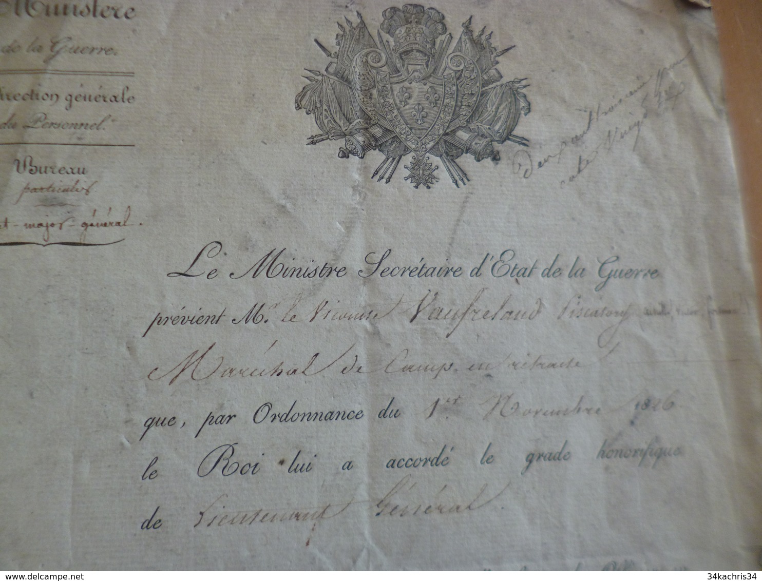 Nomination Officier Lieutenant Général Retraite 03/11/1818 Viconte Discatory Autographe Touvierre? - Documents