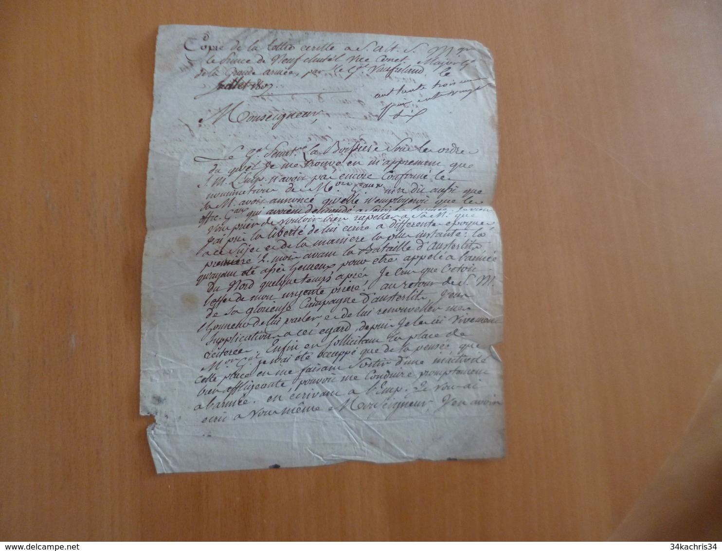 Grande Armée Copie Lettre Vaulfrelaud Au Maréchal De France Neufchatel Original D'époque Austerlitz - Documentos