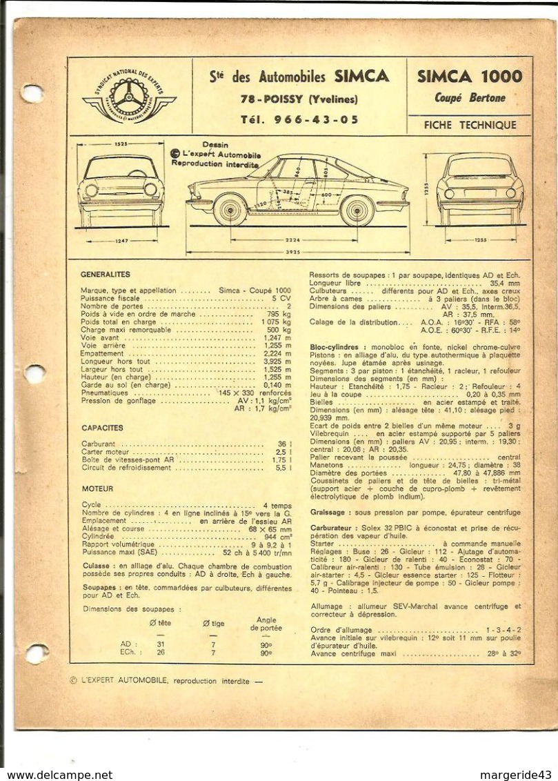 FICHE TECHNIQUE VOITURE SIMCA 1000 COUPE BERTONE - KFZ