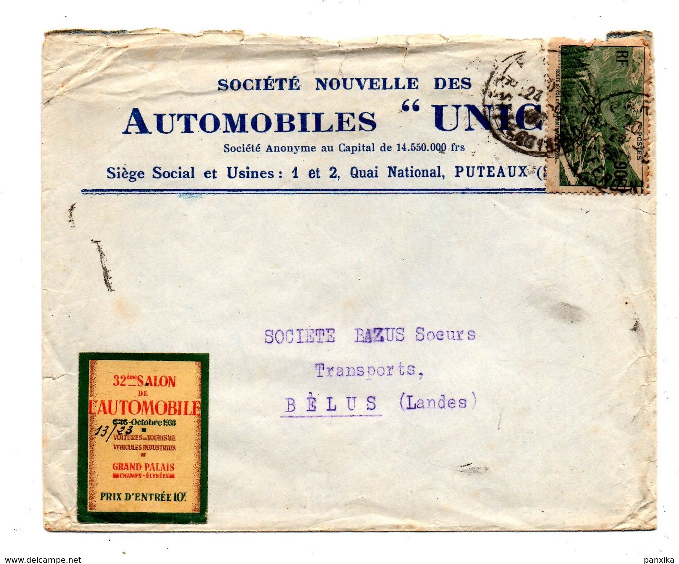 Societé Nouvelle Des Automobiles "Unic". Enveloppe Avec Vignette Salon De L'automobile 1938. - KFZ