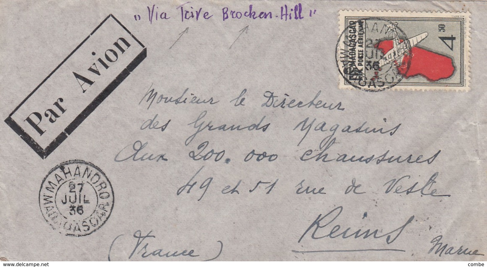 LETTRE MADAGASCAR. 27 7 37. VIA BROCKEN HILL. MAHANDRO POUR LA FRANCE / 2 - Covers & Documents