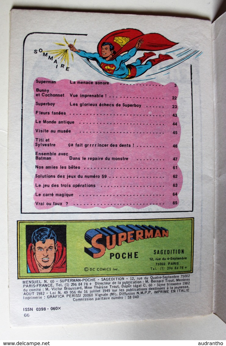 Livre 1982 BD Poche SUPERMAN Avec Superboy N°60 DC Comics La Menace Sonore - Superman