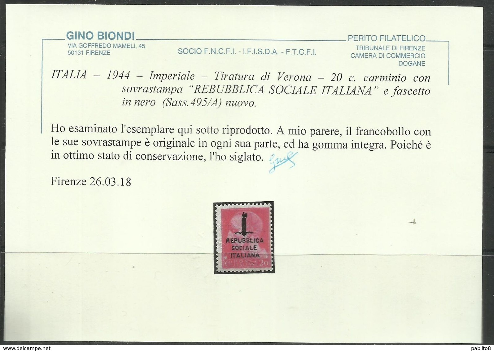 ITALIA REGNO ITALY KINGDOM 1944 REPUBBLICA SOCIALE ITALIANA RSI GIULIO CESARE CENT. 20c  FASCIO MNH CERTIFICATO - Nuovi