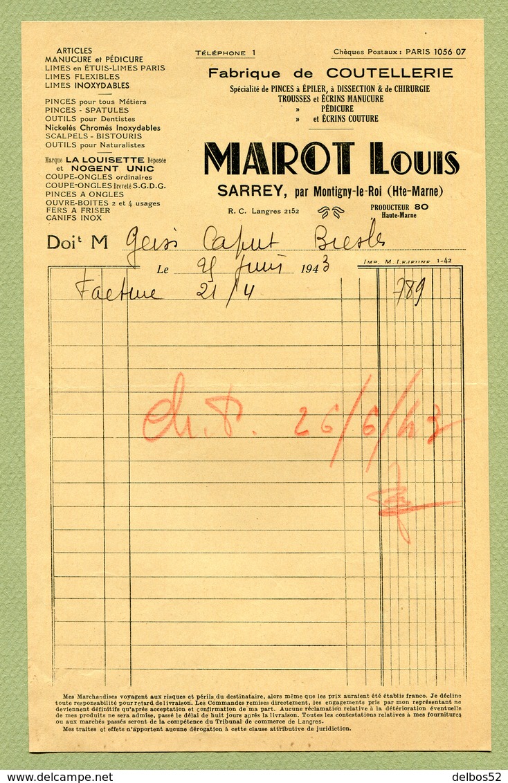 COUTELLERIE  : " Louis MAROT  à  SARREY "  Haute-Marne  1943 - 1900 – 1949