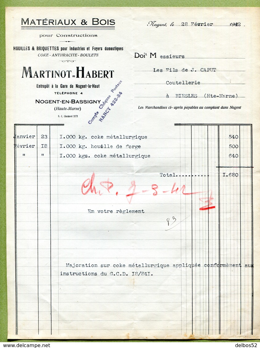 BOIS & MATERIAUX  : " MARTINOT-HABERT à NOGENT-EN-BASSIGNY "  Haute-Marne  1942 - 1900 – 1949