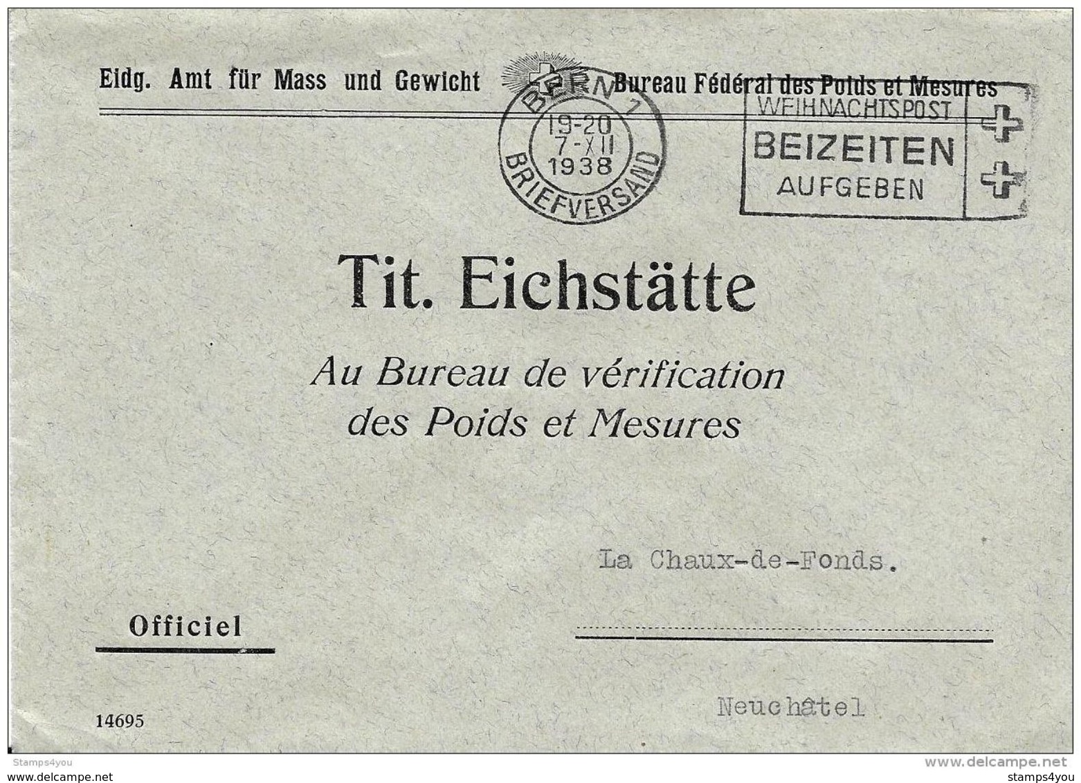 75 - 75 - Enveloppe Bureau Fédéral Des Poids Et Mesures - Officel Berm - Oblit Mécanique 1938 - Poststempel